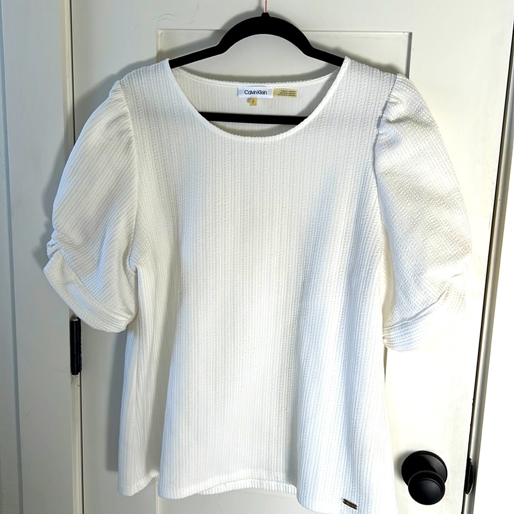 Calvin Klein Dressy Top with Dramatic Sleeves Bubble Sleeve White Cottagecore
